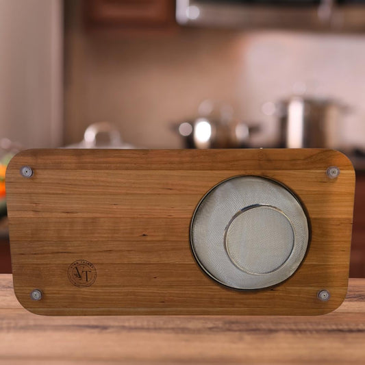 Cherry Wood Over-the-Sink Cutting Board with Built-in Strainer – Space-Saving Kitchen Prep Board for Effortless Food Prep