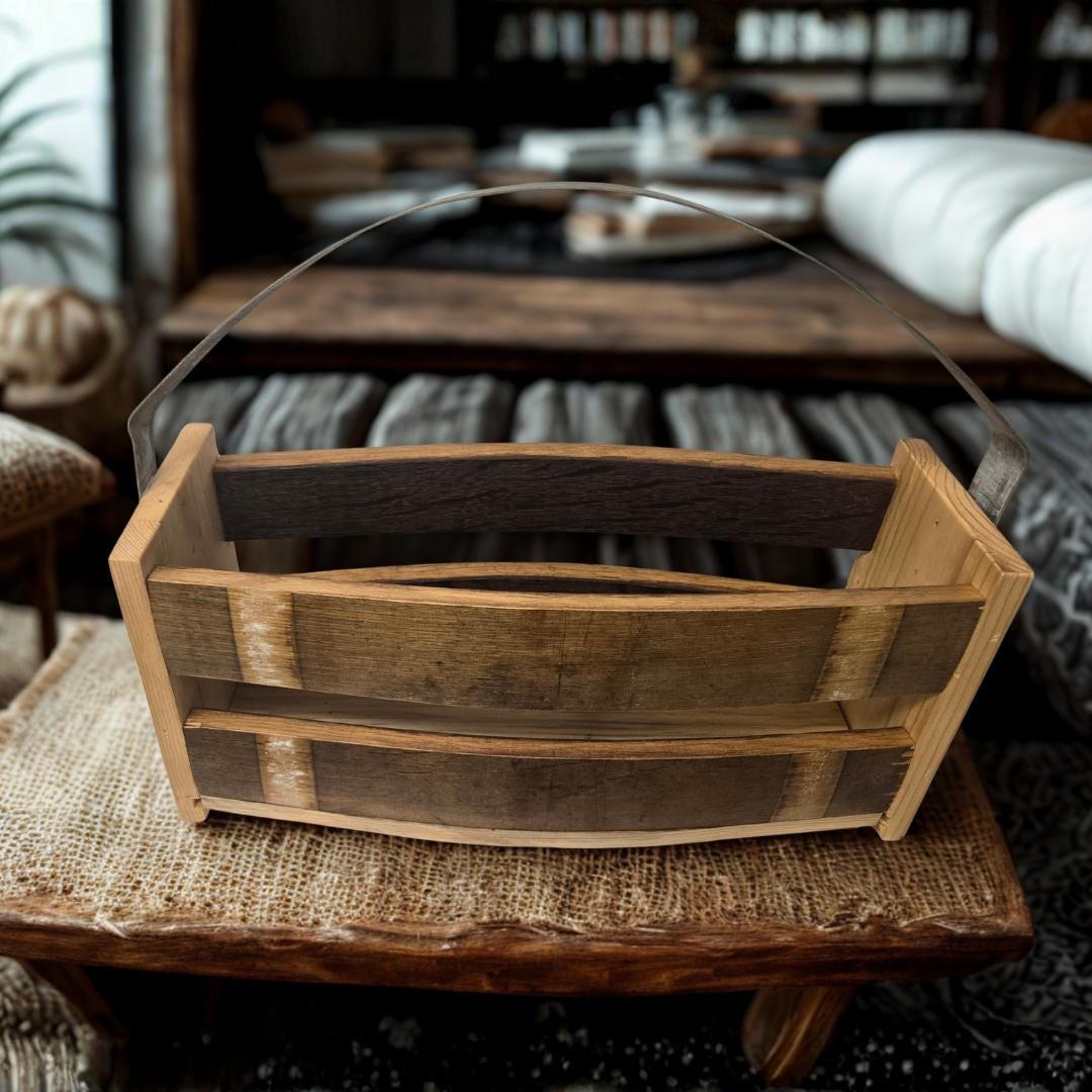 Reclaimed Wine Barrel Magazine Rack, Upcycled Winery Crate & Stave Storage Basket | Rustic Oak Floor Organizer | Farmhouse Living Room Decor