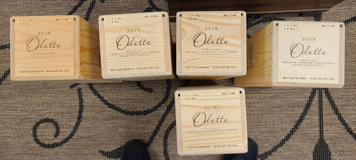 Laser Engraved Odette 1 x 1.5L Wooden Wine Boxes with Lid - 2016, 2017, 2018, and 2019 Vintages