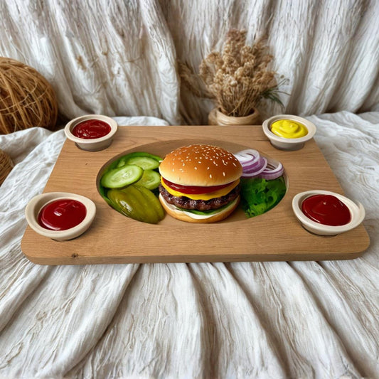 Handcrafted Wooden Serving Tray with Dip Bowls – Charcuterie & Burger Board with Built-In Cutouts – Rustic Entertaining Snack Platter