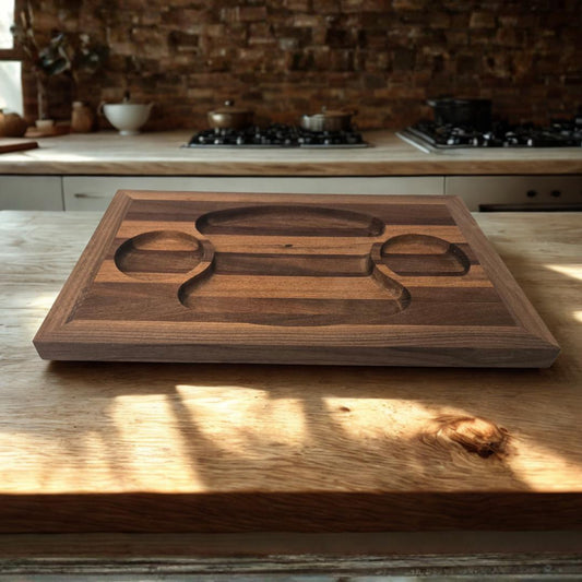Handcrafted Walnut & Exotic Wood Valet Tray | Serving Board with Recessed Compartments | Striped Charcuterie Platter with Dip Wells
