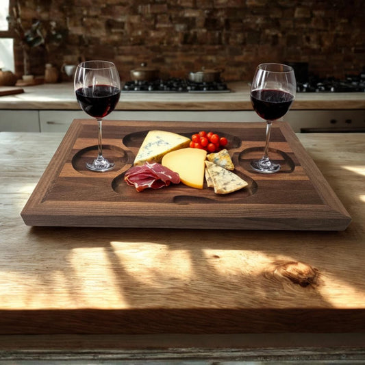 Handcrafted Walnut & Exotic Wood Valet Tray | Serving Board with Recessed Compartments | Striped Charcuterie Platter with Dip Wells