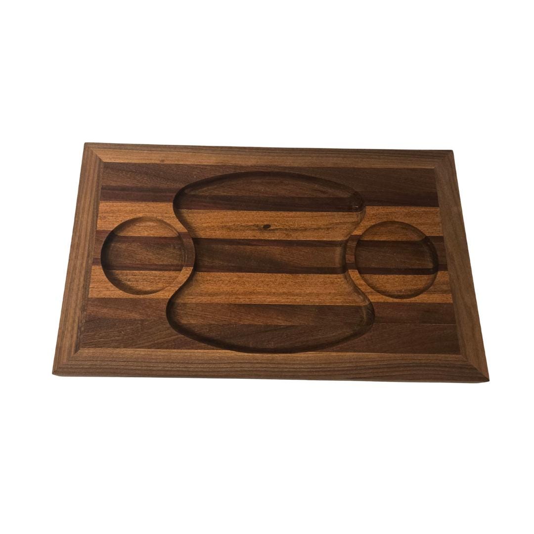 Handcrafted Walnut & Exotic Wood Valet Tray | Serving Board with Recessed Compartments | Striped Charcuterie Platter with Dip Wells