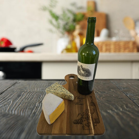 Oak Cutting Board with Handle and Engraved "Wine & Cheese" Design – Stylish and Functional Kitchen Décor for Serving and Prep