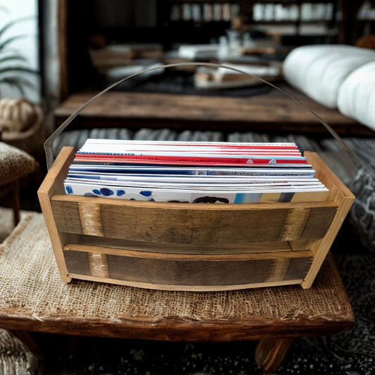 Reclaimed Wine Barrel Magazine Rack, Upcycled Winery Crate & Stave Storage Basket | Rustic Oak Floor Organizer | Farmhouse Living Room Decor