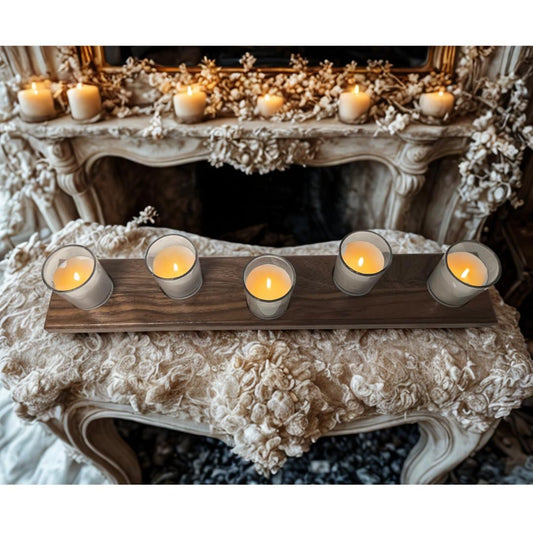 Solid Walnut Wood Candle Holder Centerpiece | 5 Votive Glass Cups Included | Modern Farmhouse Mantle Decor | Wooden Tea Light Stand