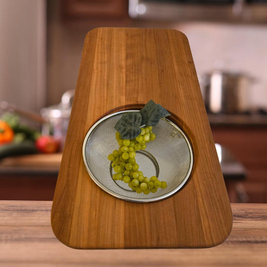 Cherry Wood Over-the-Sink Cutting Board with Built-in Strainer – Space-Saving Kitchen Prep Board for Effortless Food Prep