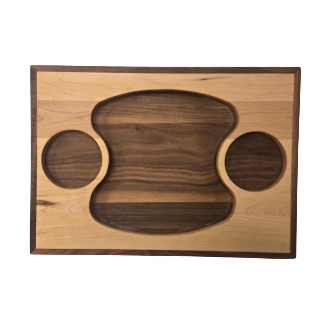 Maple & Walnut Valet Tray | Two-Tone Catch All with Cup Holders | Wooden Charcuterie Board with Dip Wells | Mens Nightstand Organizer
