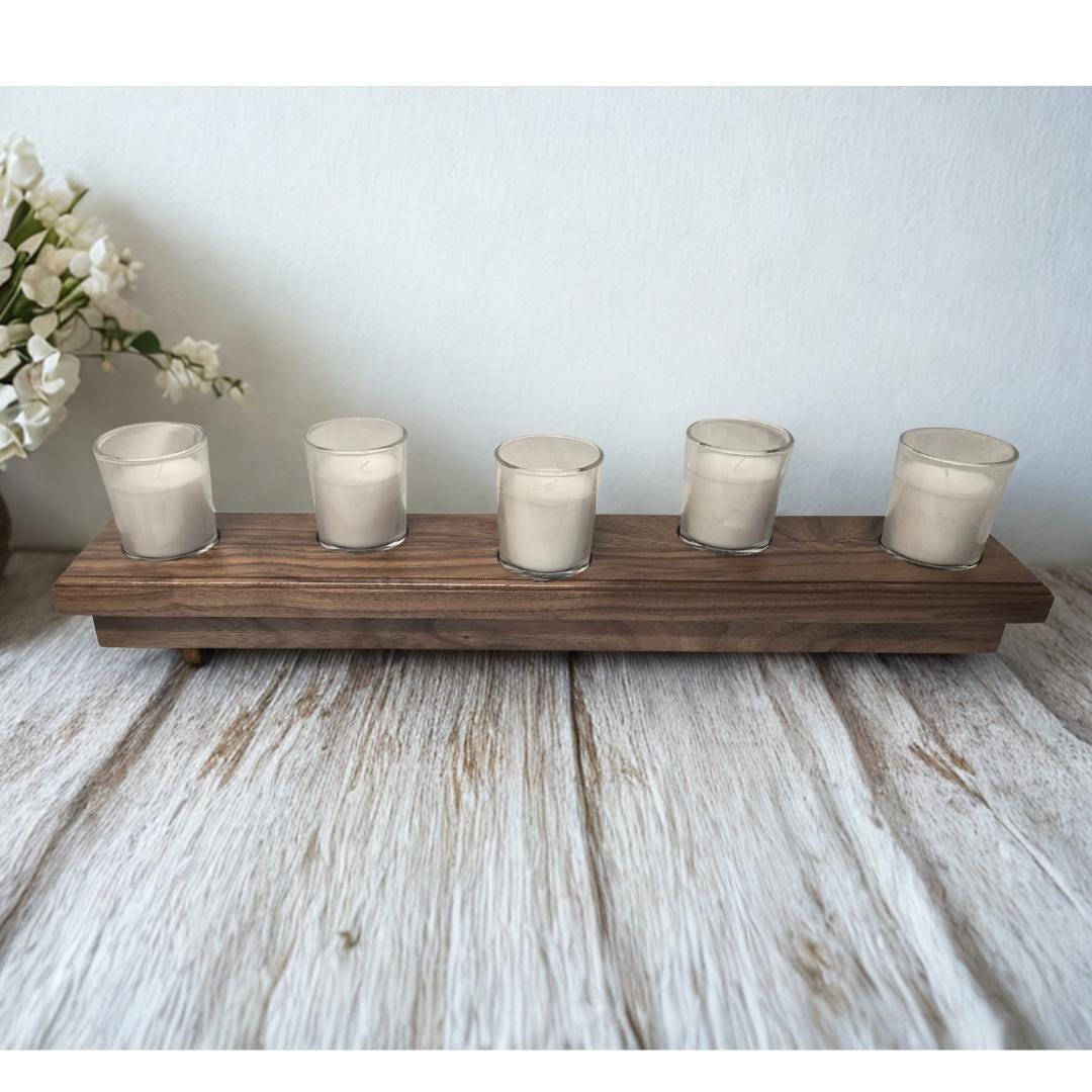 Solid Walnut Wood Candle Holder Centerpiece | 5 Votive Glass Cups Included | Modern Farmhouse Mantle Decor | Wooden Tea Light Stand