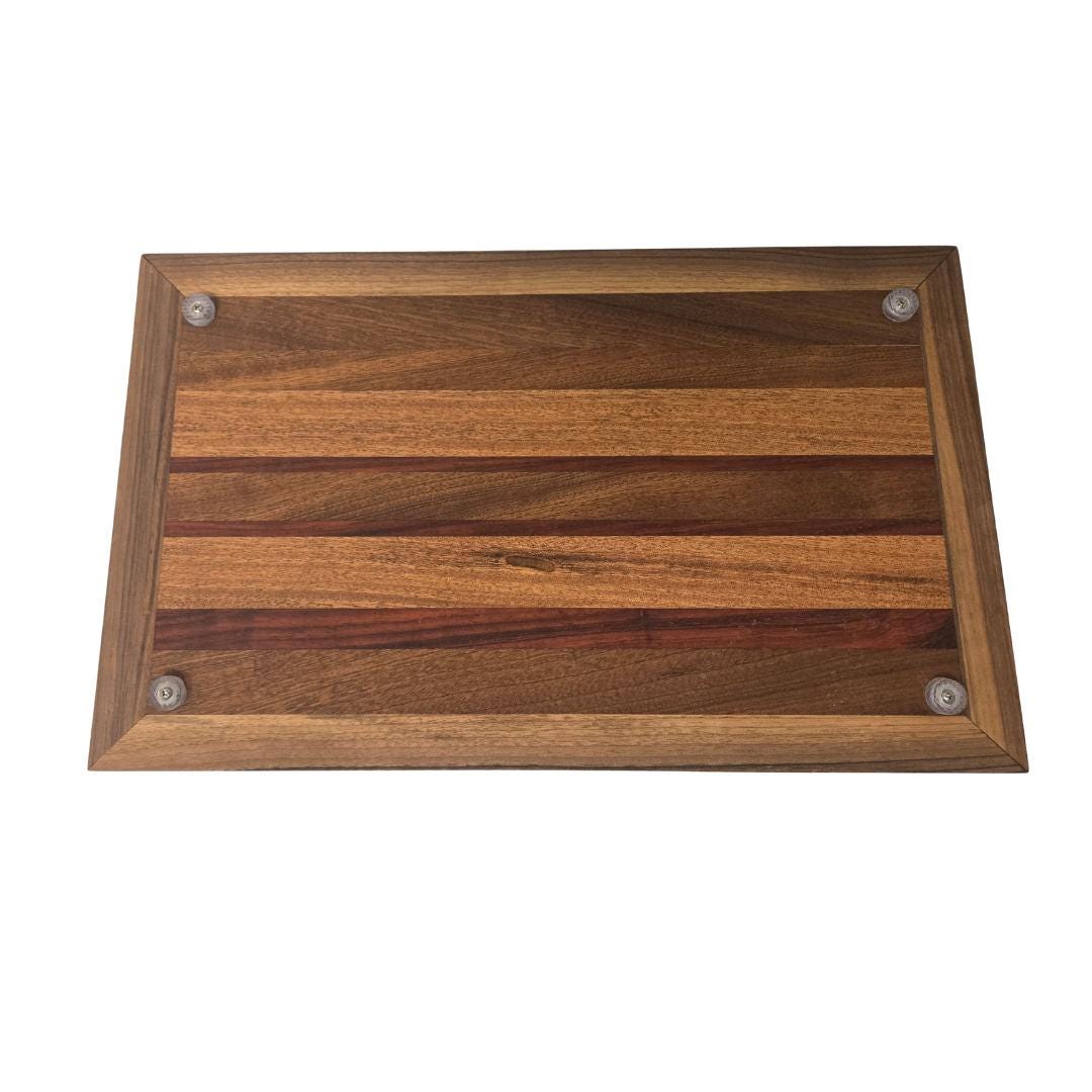 Handcrafted Walnut & Exotic Wood Valet Tray | Serving Board with Recessed Compartments | Striped Charcuterie Platter with Dip Wells