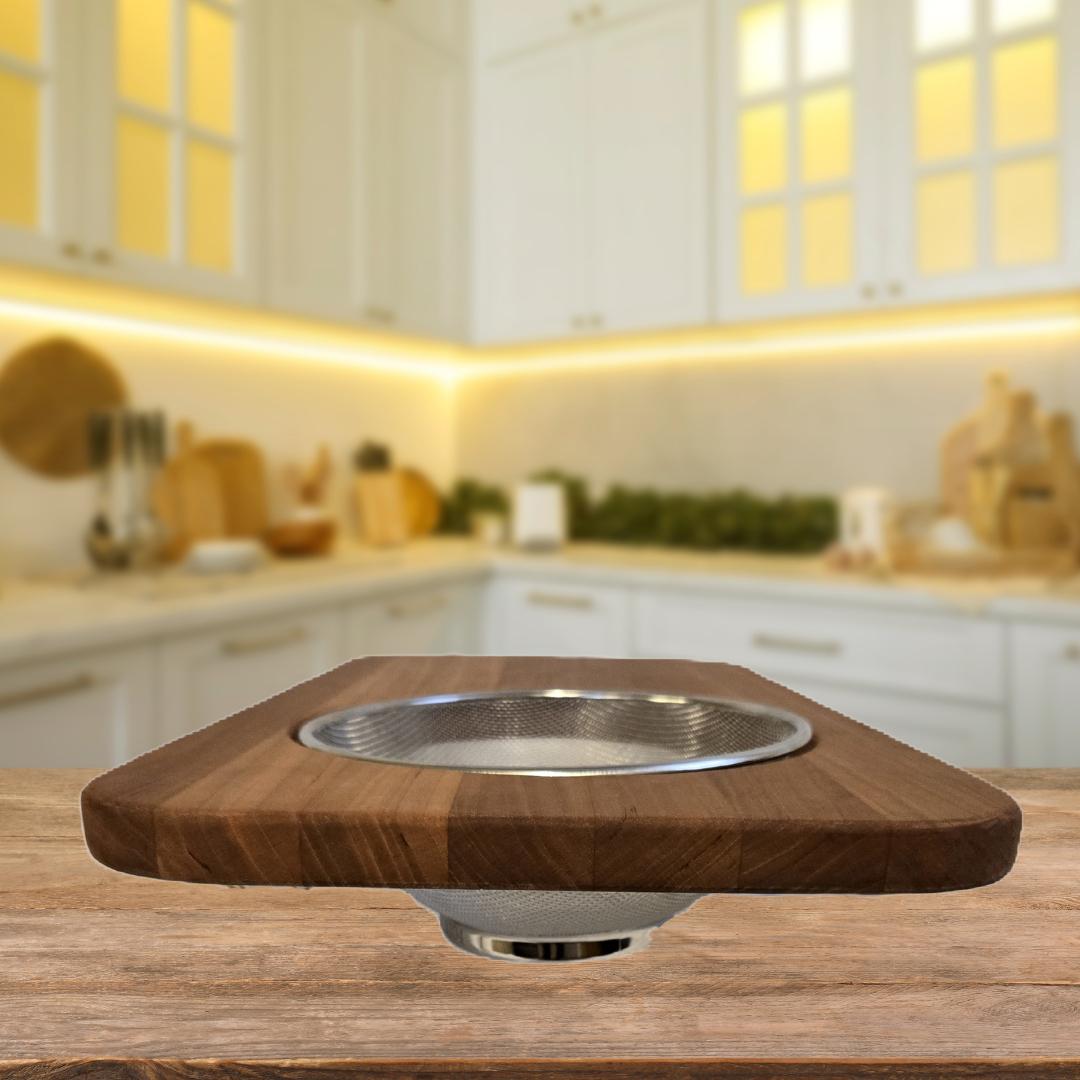 Cherry Wood Over-the-Sink Cutting Board with Built-in Strainer – Space-Saving Kitchen Prep Board for Effortless Food Prep
