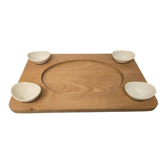 Handcrafted Wooden Serving Tray with Dip Bowls – Charcuterie & Burger Board with Built-In Cutouts – Rustic Entertaining Snack Platter