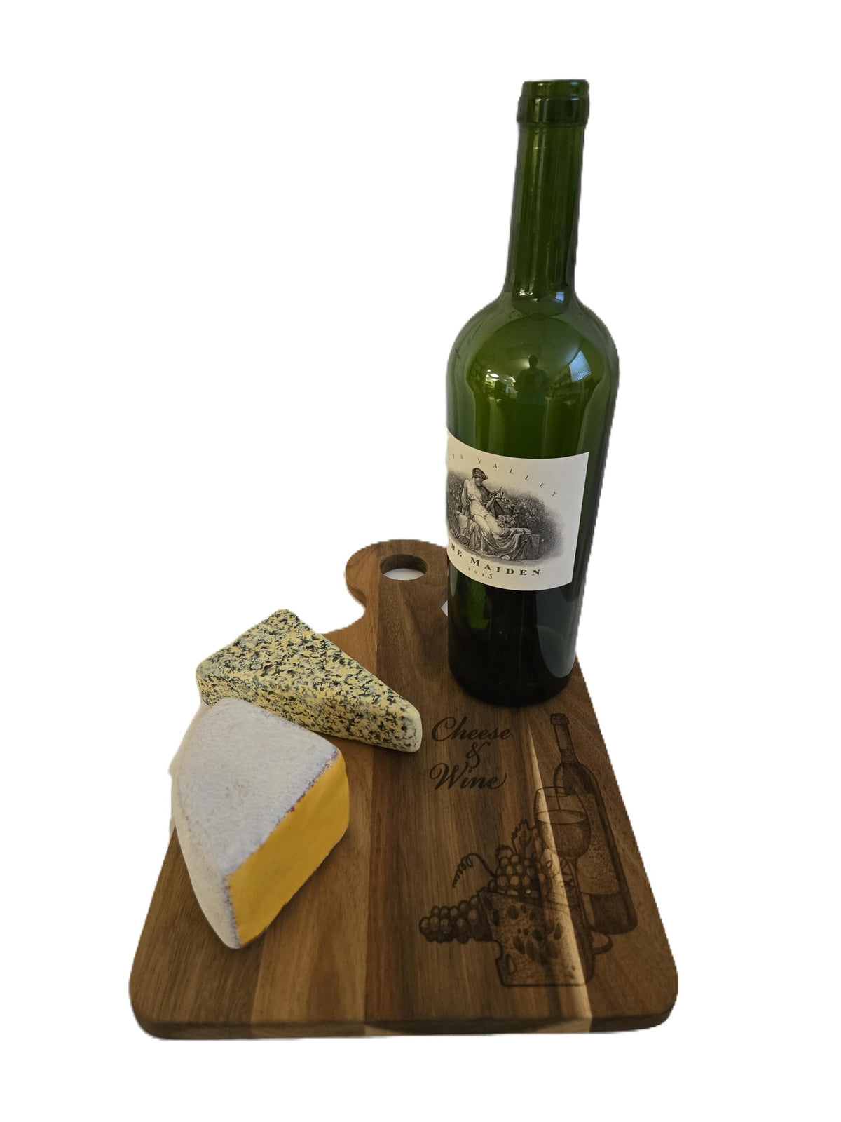 Oak Cutting Board with Handle and Engraved "Wine & Cheese" Design – Stylish and Functional Kitchen Décor for Serving and Prep