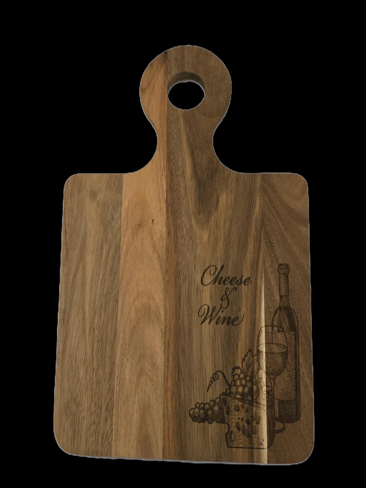 Oak Cutting Board with Handle and Engraved "Wine & Cheese" Design – Stylish and Functional Kitchen Décor for Serving and Prep
